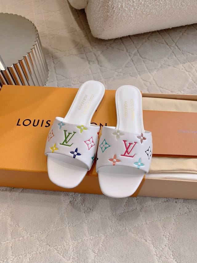 factory price P Louis Vuitt* Takashi Murakami co-branded white tri-color flat sa