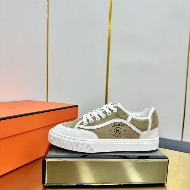 Hermes top version# Hermes Deep series couple white shoes casual skateboard shoe