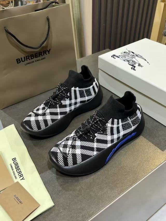 Made in Italy sneaker with breathable Burberry check knit sock upper. Leather l