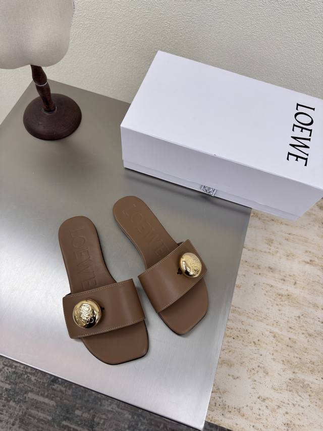 Loewe flat slippers with metal round buckle hardware logo Kitten heel slippers