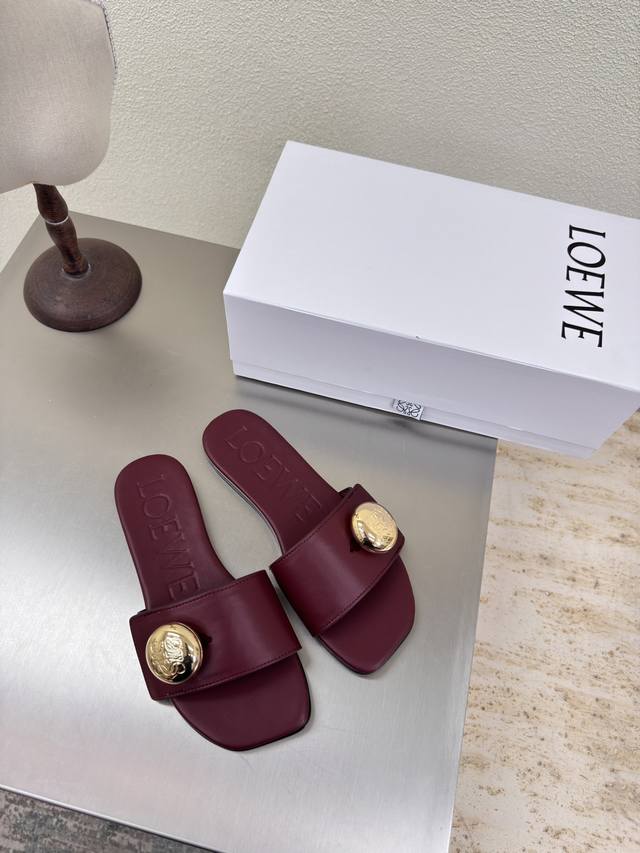 Loewe flat slippers with metal round buckle hardware logo Kitten heel slippers