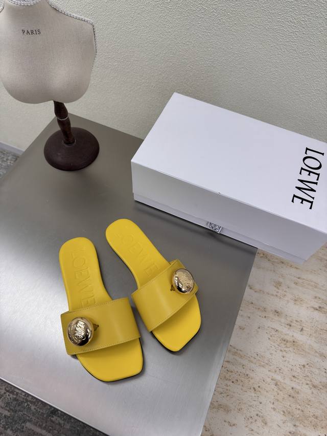 Loewe flat slippers with metal round buckle hardware logo Kitten heel slippers