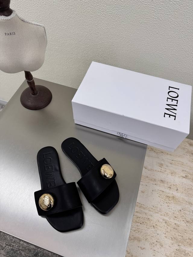 Loewe flat slippers with metal round buckle hardware logo Kitten heel slippers