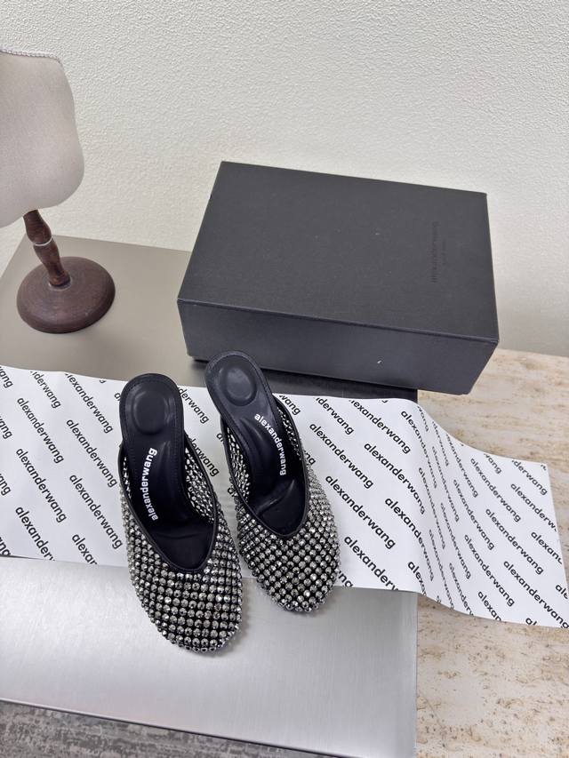Alexanderwaog Da Wang high-heeled mesh slippers Mineral gray mesh surface High h
