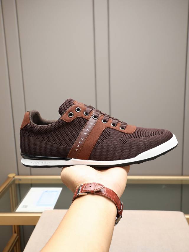 Boss men's casual sneakers, original mold, top layer cowhide material spliced wi