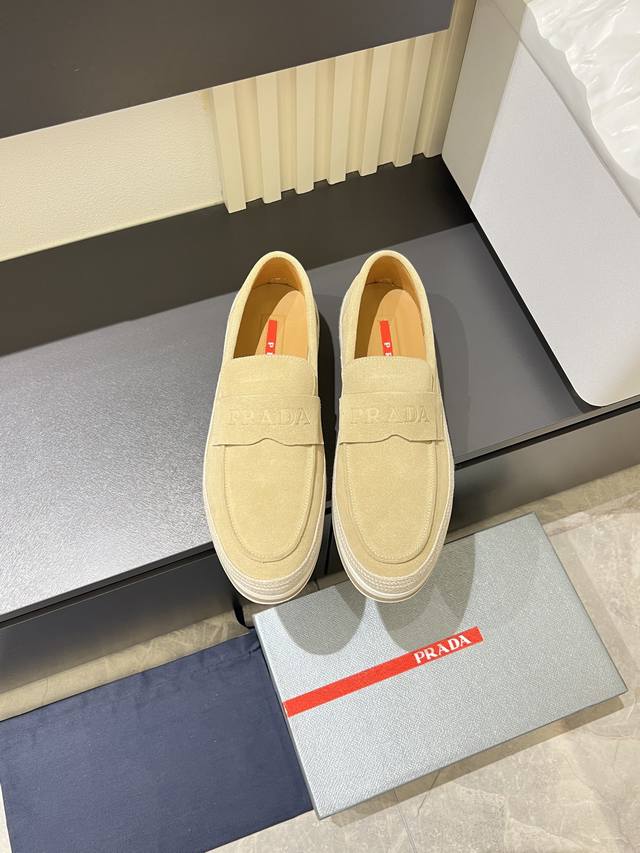 Prad* men's casual woven slip-on shoes, made of imported cowhide, with a cowhide