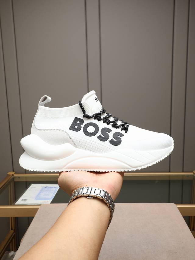 Boss men's casual sneakers, imported one-piece flywoven fabric, with a bold side