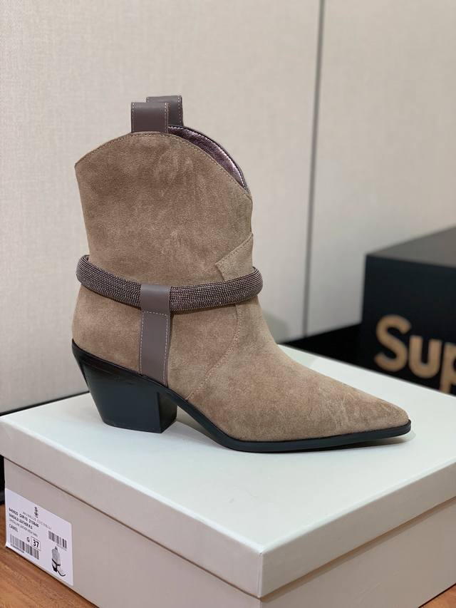 Brunell* Cucinell* block-heeled ankle boots. Cowhide suede upper, sheepskin lini