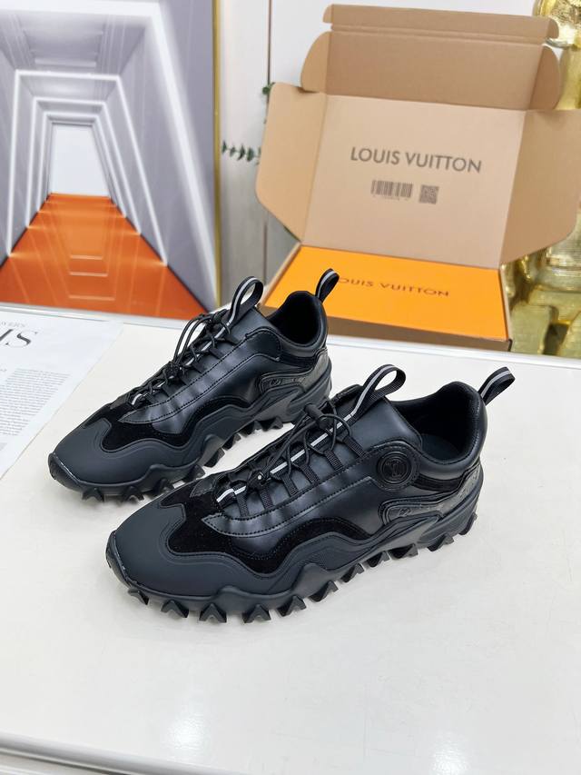 These LV Rush sneakers for men and women are made from a mix of materials, inclu