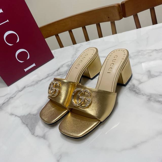 Gucci square-toed chunky-heeled sandals with diamond-studded double buckles, alw