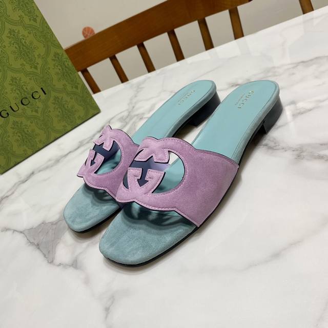 Gucci Blue and Purple Sheepskin Slippers, the latest summer double-bottomed slip