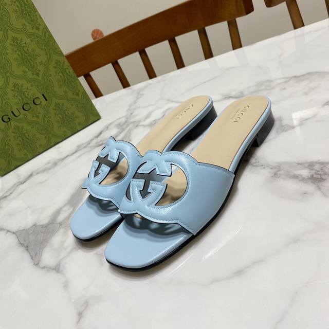 Light blue Gucci summer latest double flat slippers, popular hollow relief desig