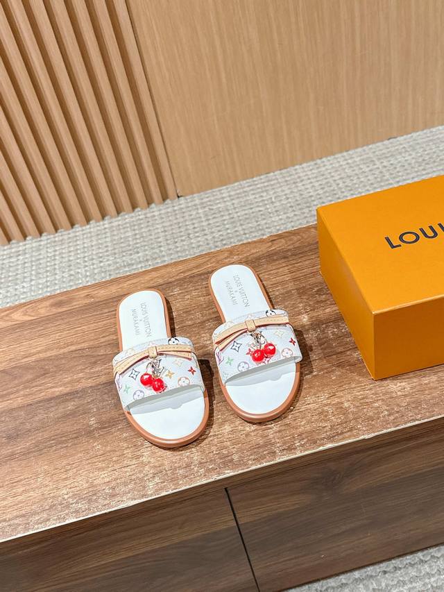Cherry slides are from Louis Vuitton x Takashi Murakami Retro Collection. Made f