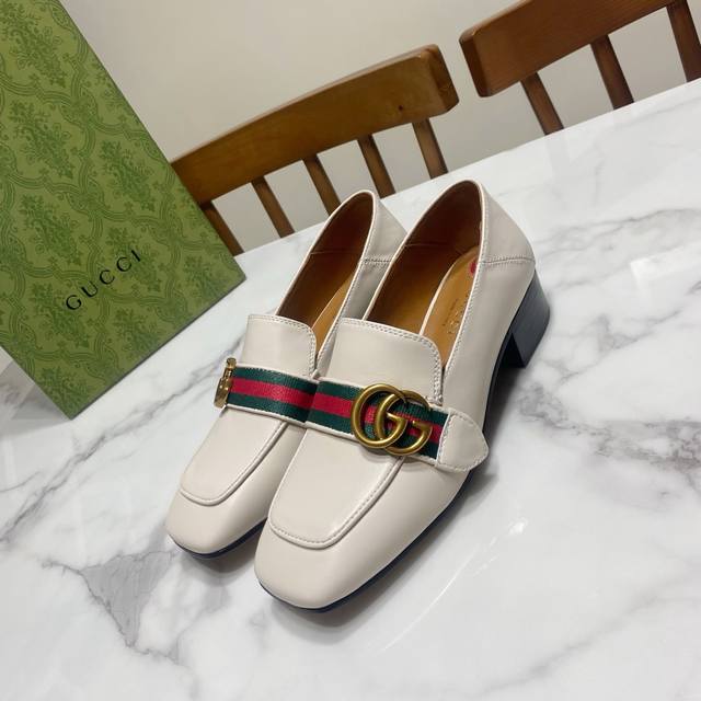 Gucci classic square-toe pearl heel single shoes, two-way wear slip-on shoes, si