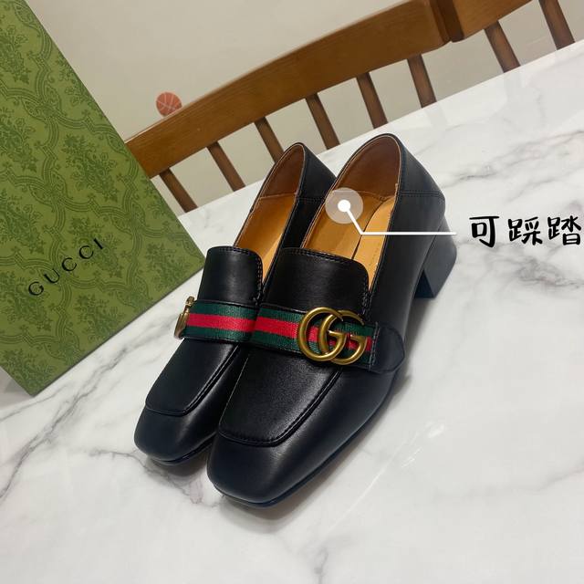 Gucci classic square-toed pearl-heeled single shoes without pearls, two-way slip