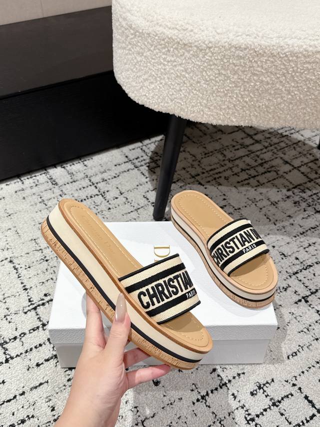 Dior 25 Dway fabric embroidered logo open-toe 7cm thick-soled single-strap slipp