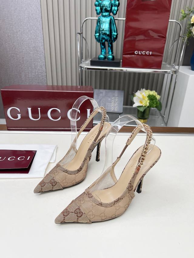 Gucci new original replica metal letter chain shallow mouth pointed high heel sp