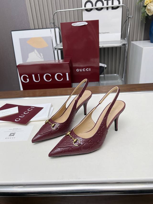 original quality Gucci 2025 spring and summer new cowhide embossed high heels, t