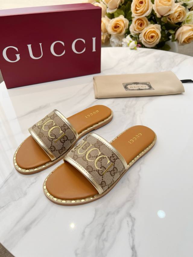 Guccl, new spring/summer 25 casual women's embroidered double G sandals, sizes 3