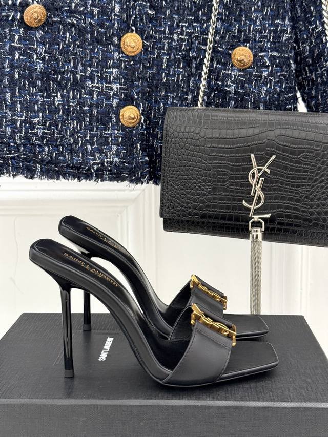 Saint Laurent classic metal letter logo high-heeled slippers. The upper is made