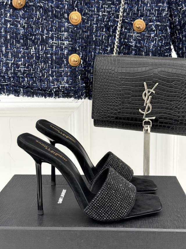 Yves Saint Laurent classic rhinestone high-heeled slippers with rhinestone pearl