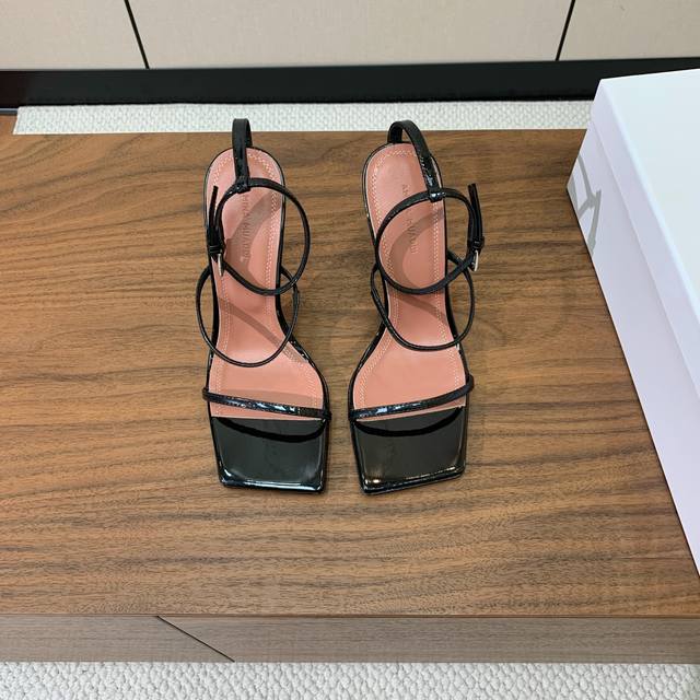 Amina Muaddi square-toe strappy sandals. A simple, elegant style. Patent leather