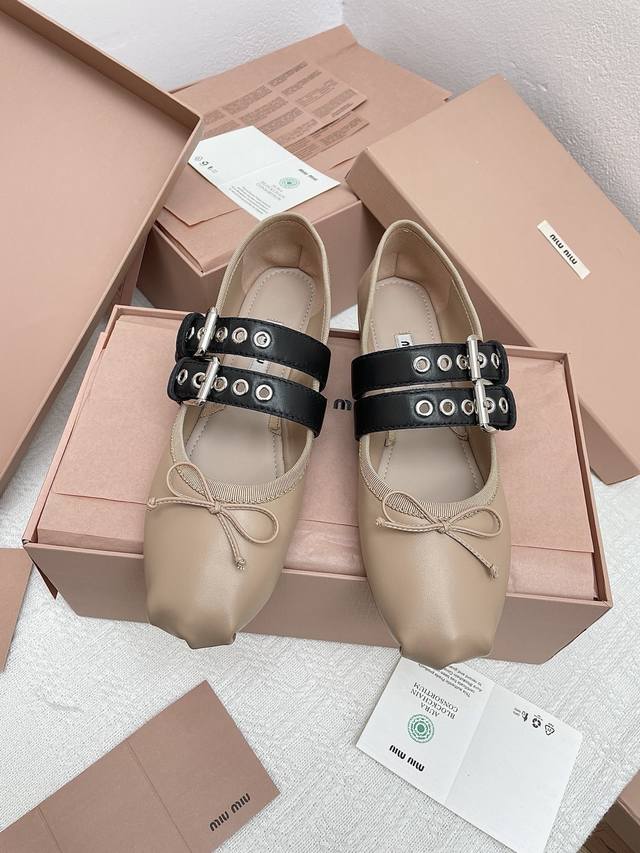 Dongguan-grade Miu Miu women's bow-decorated double-buckle ballet flats, authent