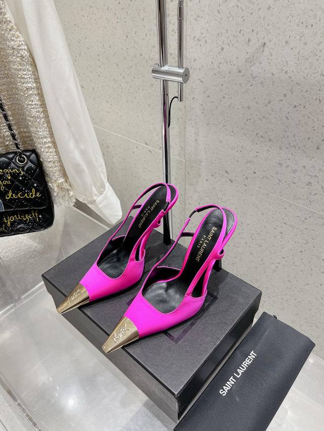 Factory Saint Laurent Logo Metal Toe High Heels Slingback Sandals. A YSL woman c