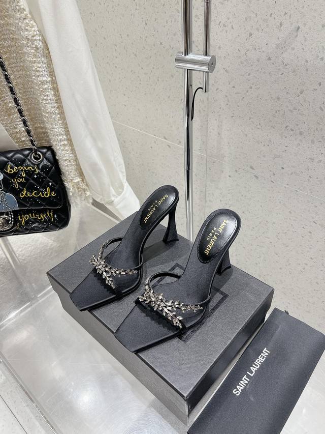 Factory Saint Laurent Small Square Toe Diamond Slippers. A YSL woman can't live