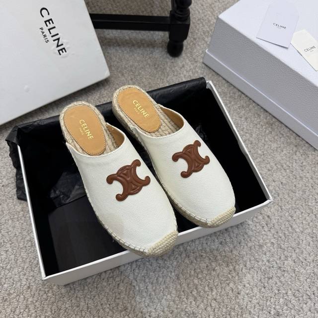Celine 2025Ss new hemp rope-soled fisherman's shoes. Birkenstock half-up sandals