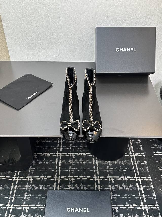 Factory Price: Chane* | Chanel 24P Chain Bow Chunky Heel Ankle Boots: This seaso