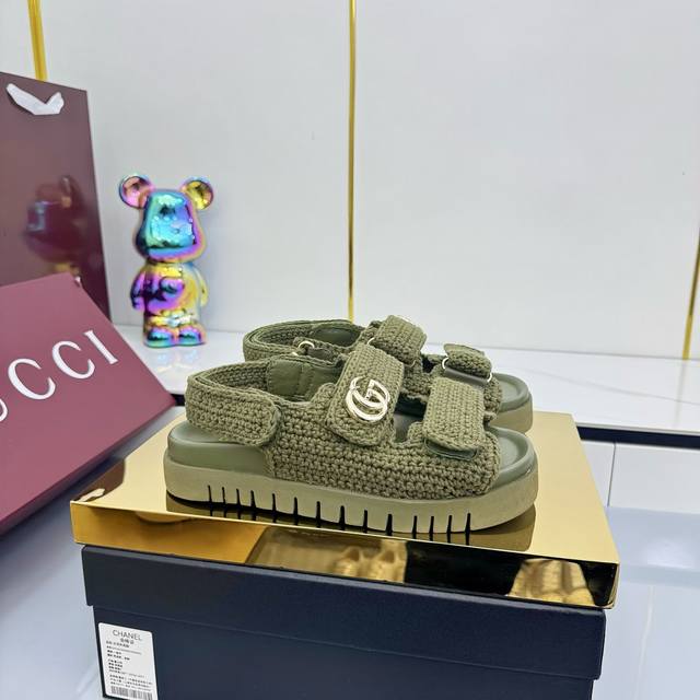 Factory Price: P Guccl Double G Women's Velcro Knit Cotton Sandals. Gucci's mode