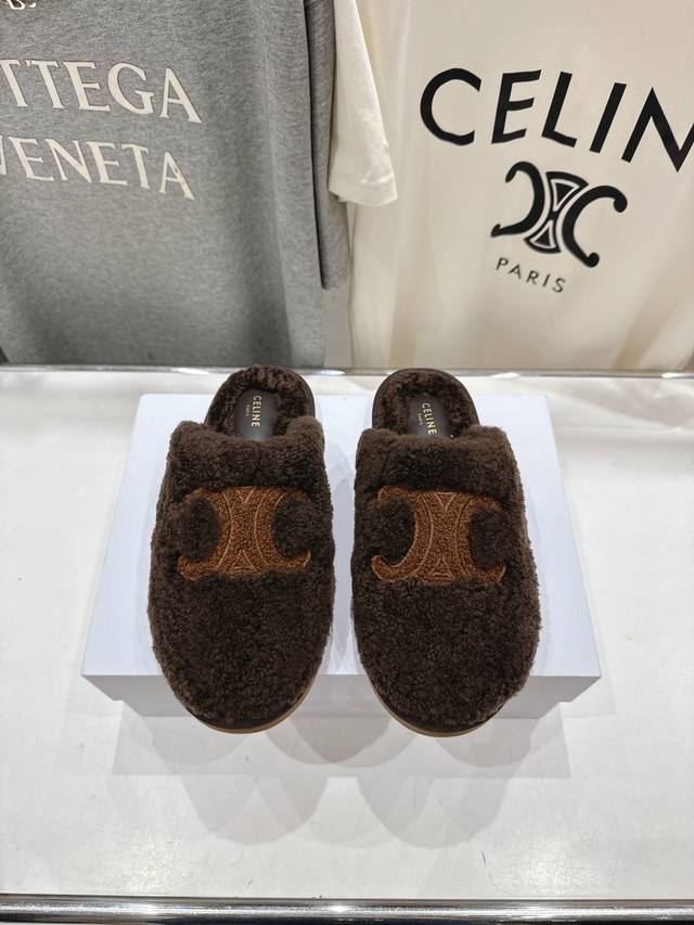 High-Release Celine 2025Ss new flat-soled Birkenstock half-covered wool slippers