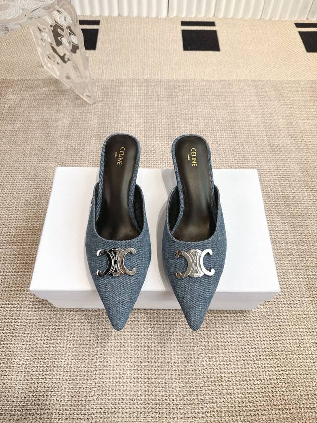 Celine 2025 new Arc de Triomphe metal logo back hollow pointed toe shoes with se
