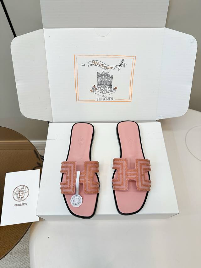 top version with airplane box Hermes fashion hot diamond H-shaped flat slippers