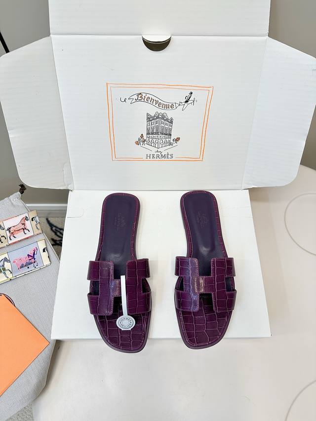 Top version with airplane box Hermes Fashion H-shaped flat slippers with stone p