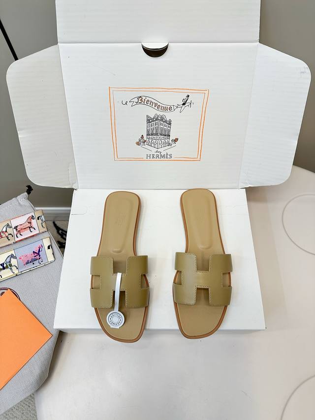 top version with airplane box Hermes fashion calfskin H-shaped flat slippers are