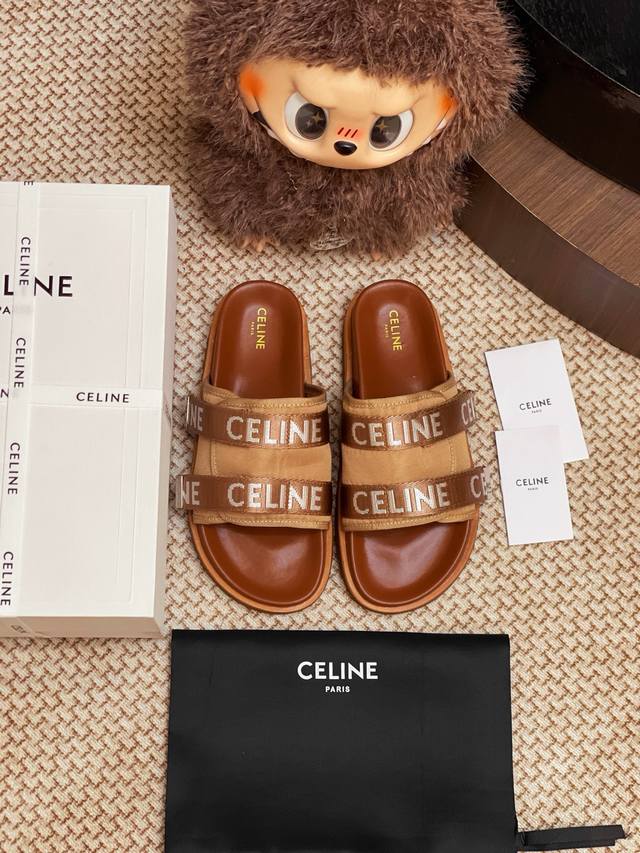 Celine lettered webbing slippers. The entire pair of shoes is sourced from Zp, d