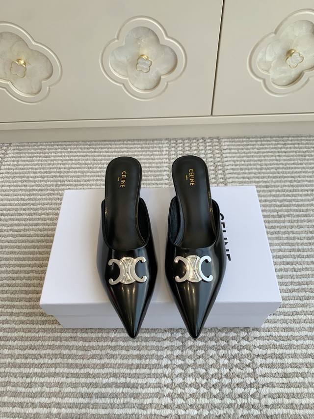 Celin 2025Ss new Arc de Triomphe pointed mule kitten heel slippers stiletto slip