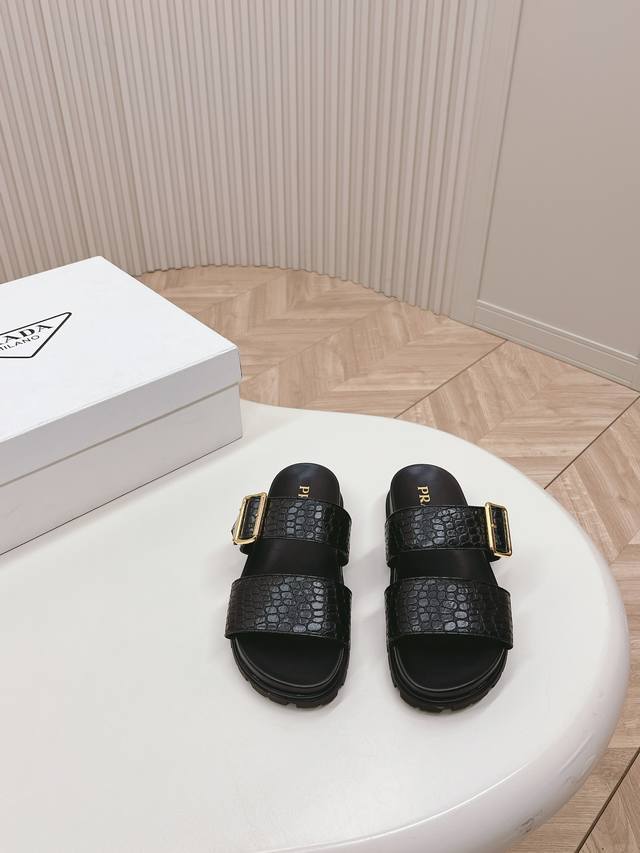 New leather and new colors for Prada's new spring/summer slippers. These thick-s