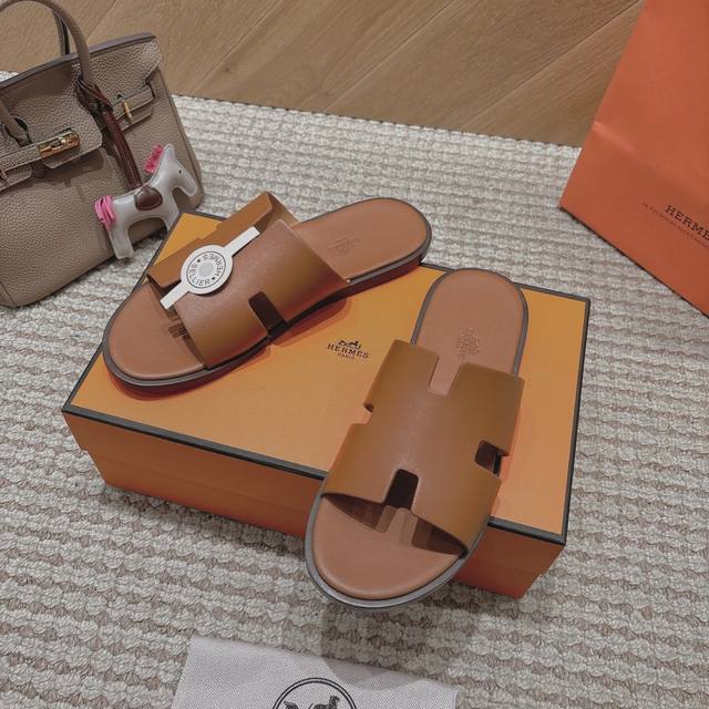 Hernes Hermes genuine leather fabric, sheepskin lining, high-end H men's slipper