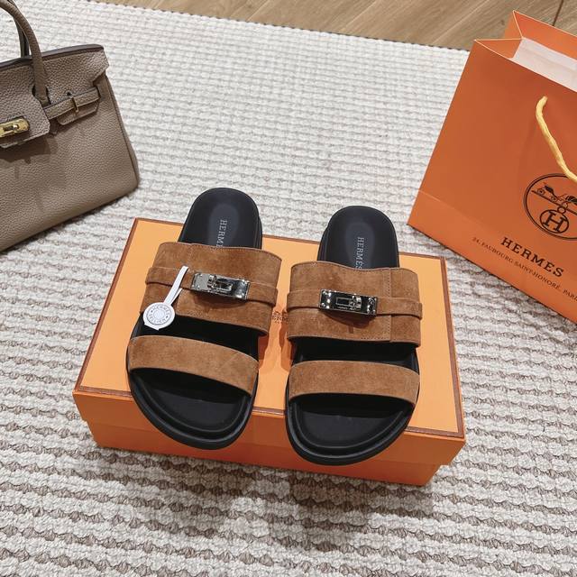 Hermes genuine leather, sheepskin lining, high-end H-shaped men's slippers, Ital