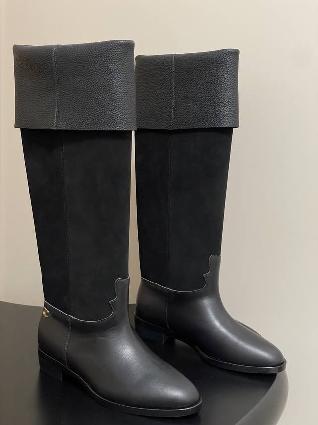 New Fall/Winter Chanel 25A Suede Colorblock Rider Boots, Retro Over-the-Knee Boo