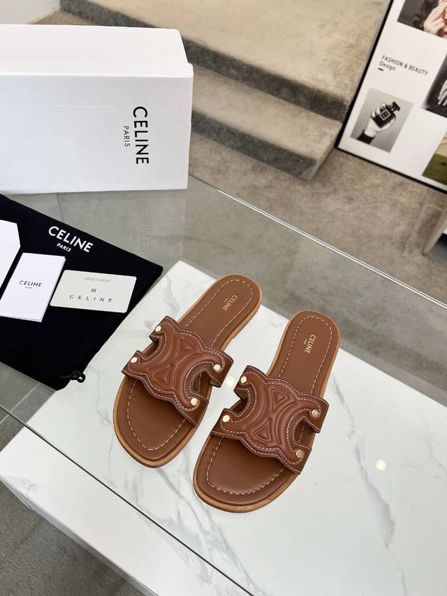 genuine leather sole Celine 2025 Spring/Summer new half-slippers. The upper is m