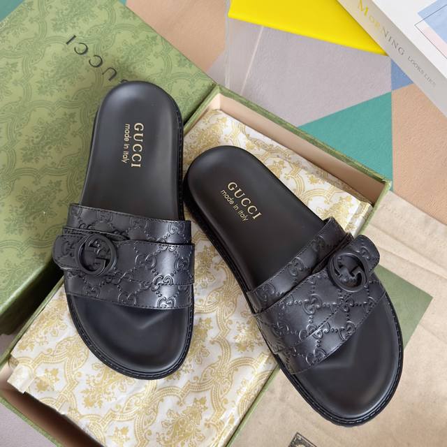 Gucc * Gucci's new summer Double G monogram flip-flop, cross-over sandals, thick