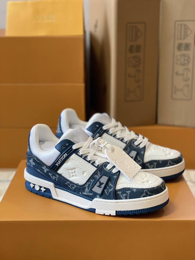 the top-of-the-line Louis Vuitton men's LV Trainer sneaker, a new colorway for c
