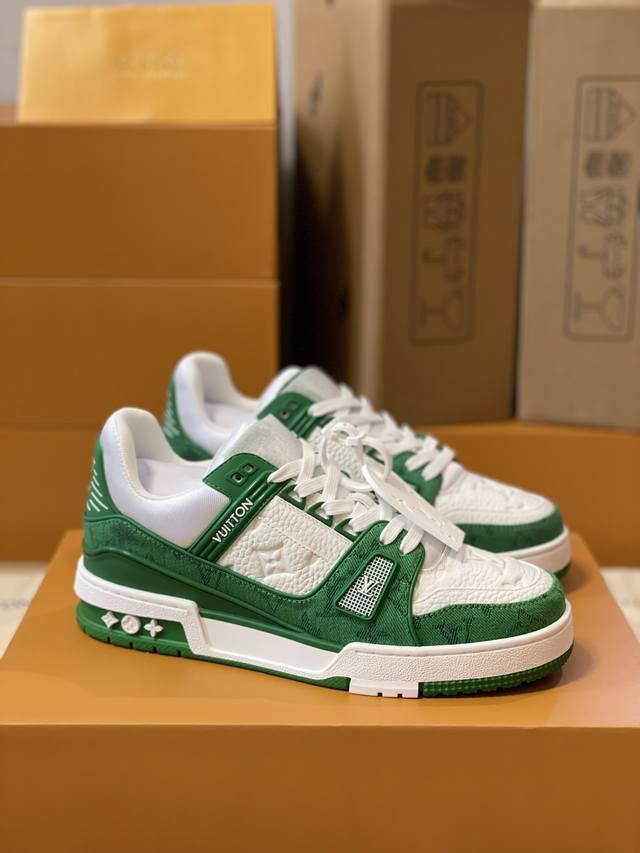 the top-of-the-line Louis Vuitton men's LV Trainer sneaker, a new colorway for c