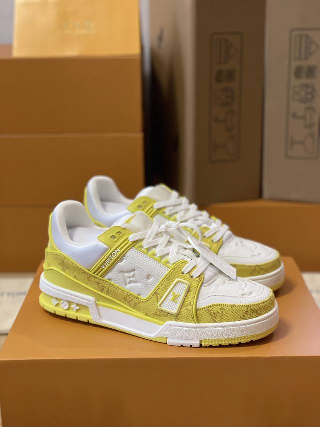 the top-of-the-line Louis Vuitton men's LV Trainer sneaker, a new colorway for c