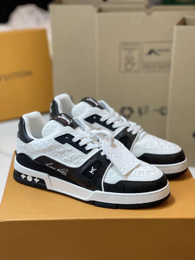 The premium couple's edition, the Lv Trainer sneaker, is now available. This sho