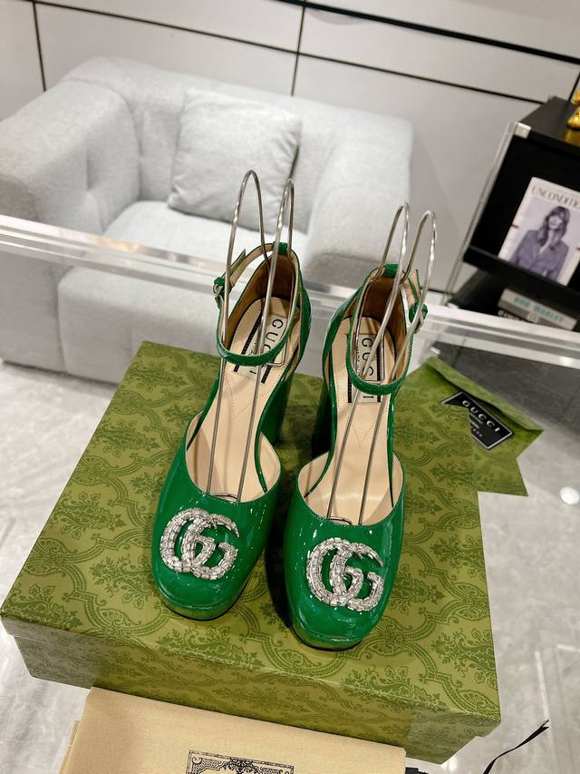 Gucci 24Ss early spring new double G crystal diamond buckle thick-heeled sandals